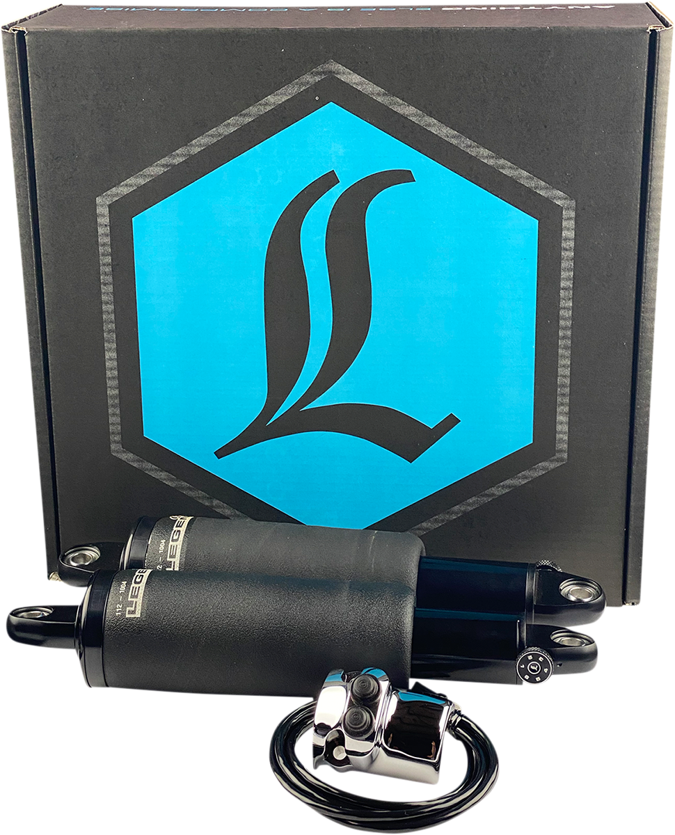 Legend Suspension AIR-A FL adjustable air suspension system for FLTRX motorcycle, featuring chrome handlebar control.