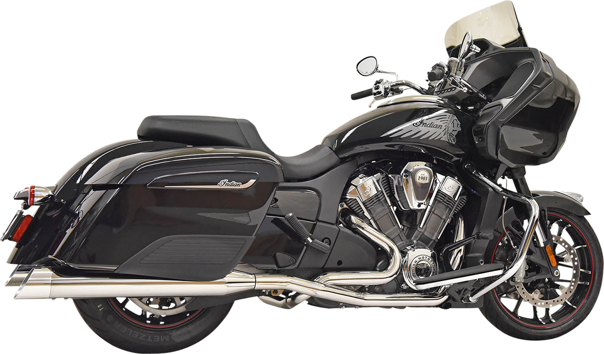 BASSANI XHAUST Dual Challenger exhaust system with chrome finish, showing dual pipes and shiny chrome details.