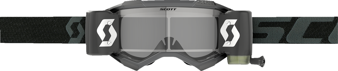 Scott Fury WFS goggles in black with clear lenses, featuring a sleek engine design for motocross or off-road riding.