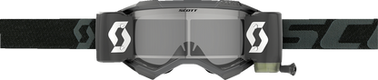 Scott Fury WFS goggles in black with clear lenses, featuring a sleek engine design for motocross or off-road riding.