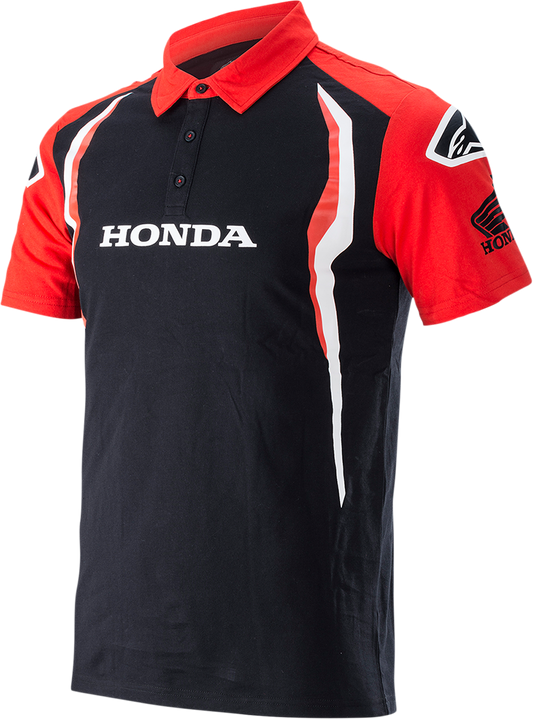 Red and black Alpinestars Honda polo shirt in medium size, featuring a classic polo collar and logo details.