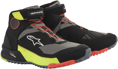 Alpinestars CR-X Drystar motorcycle riding shoes in black, red, and fluorescent yellow with protective design and durable sole.