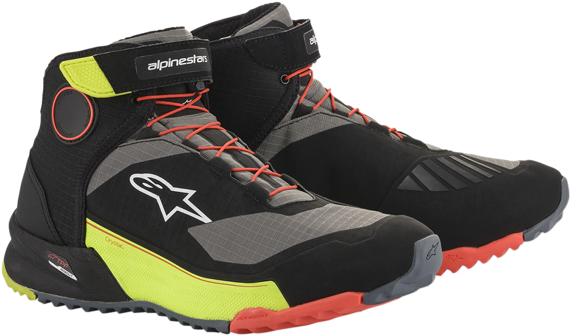 Alpinestars CR-X Drystar® motorcycle shoes in black, red, yellow fluorescent with US 10.5 size, featuring protective design and sporty look.