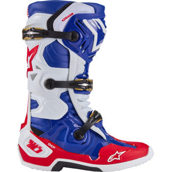 Alpinestars Union Tech 10 motorcycle boots in red, white, and blue with black accents, US size 11, featuring reinforced ankle support.