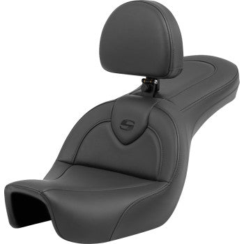 Black SADDLEMEN Roadsofa™ motorcycle seat with backrest, black stitching, designed for FXD models 2006-2017