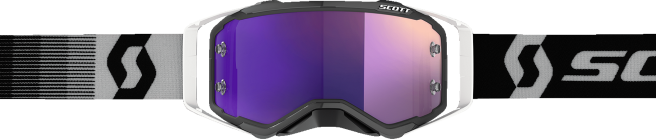 Scott Prospect Goggle in black and white with purple chrome lens, featuring adjustable strap and padded frame for motocross riding.