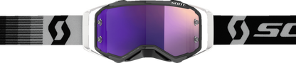 Scott Prospect Goggle in black and white with purple chrome lens, featuring adjustable strap and padded frame for motocross riding.