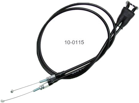Black vinyl throttle push-pull cable set by MOTION PRO, part 10-0115, with visible cables and fittings for motorcycle control.