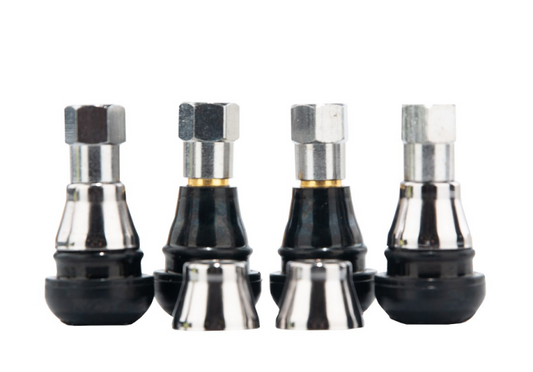 QuadBoss TR412C chrome valve set for powersports vehicles, featuring durable metal valves with chrome finish.
