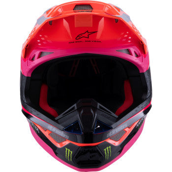 Alpinestars Supertech M10 motorcycle helmet in gloss orange fluo, purple, and pink fluo with MIPS® protection, large size.