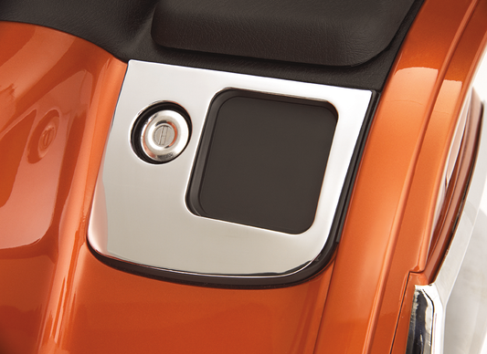 Chrome right control panel accent for engine from Bill's Exhausts, featuring a sleek, shiny chrome finish and detailed design.