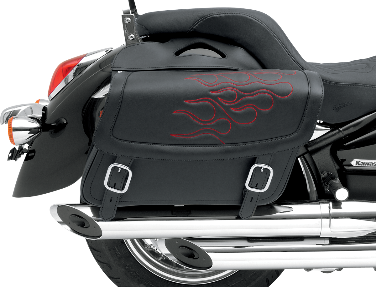 Red Saddlemens Flame Saddlebag mounted on motorcycle seat, medium size, durable design, with flame pattern for style and functionality.