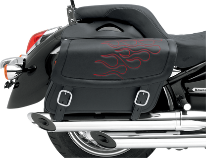 Red SADDLEMEN Flame Saddlebag for motorcycle seats, featuring bold flame design and durable materials.