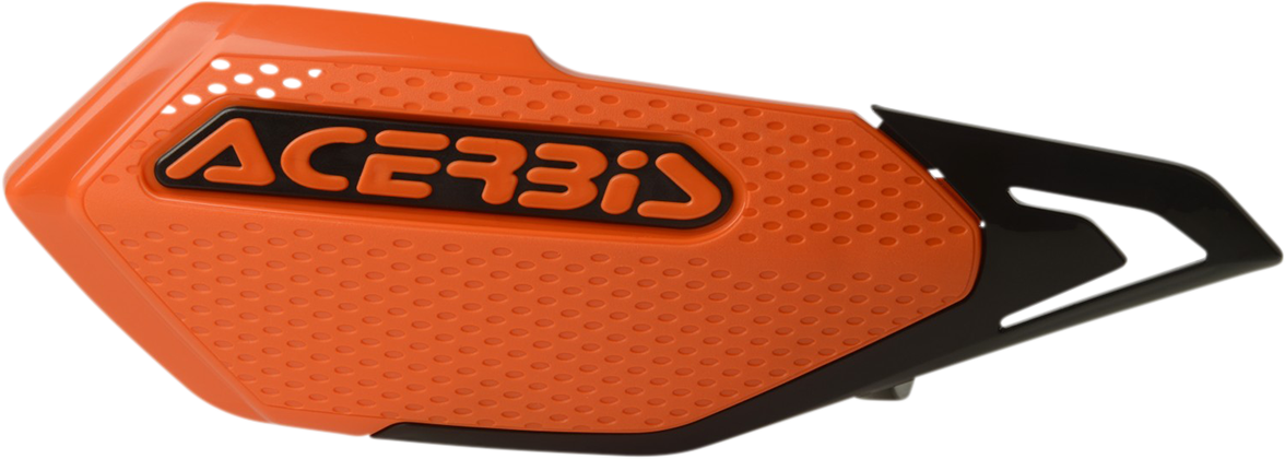 Acerbis orange and black X-Elite handguards attached to a motorcycle handlebar for protection and style.