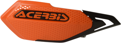Acerbis orange and black X-Elite handguards attached to a motorcycle handlebar for protection and style.