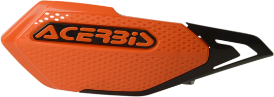 Acerbis orange and black X-Elite handguards attached to a motorcycle handlebar for protection and style.