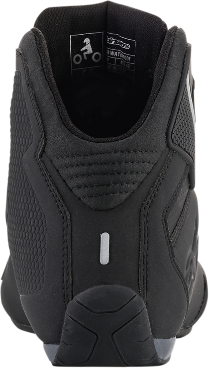 Alpinestars Sektor waterproof shoes in US size 7, showing black leather and rugged sole for motorcycle riding.