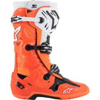 Alpinestars Tech 10 Enduro Boots in fluorescent orange, black, and white with protective features for off-road riding, size US 7.