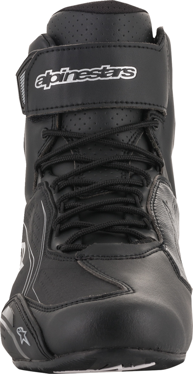 Alpinestars Stella Faster-3 black and silver shoes, US size 8, featuring sporty design and durable construction.