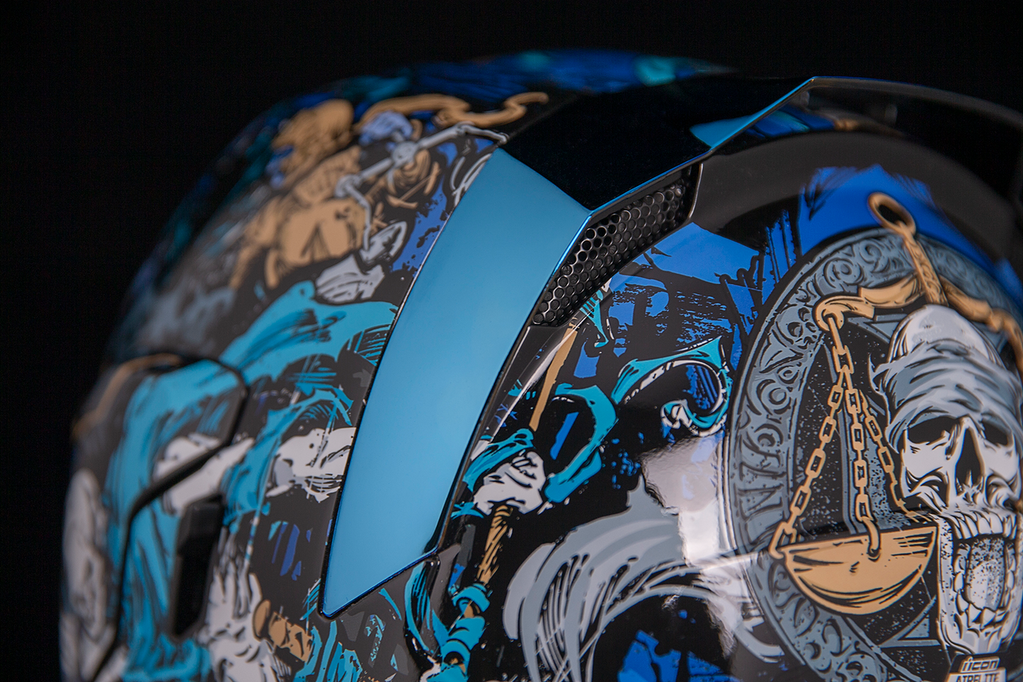 Blue ICON Airflite™ motorcycle helmet in large size with 4Horsemen graphic, featuring a sleek aerodynamic design and clear visor.