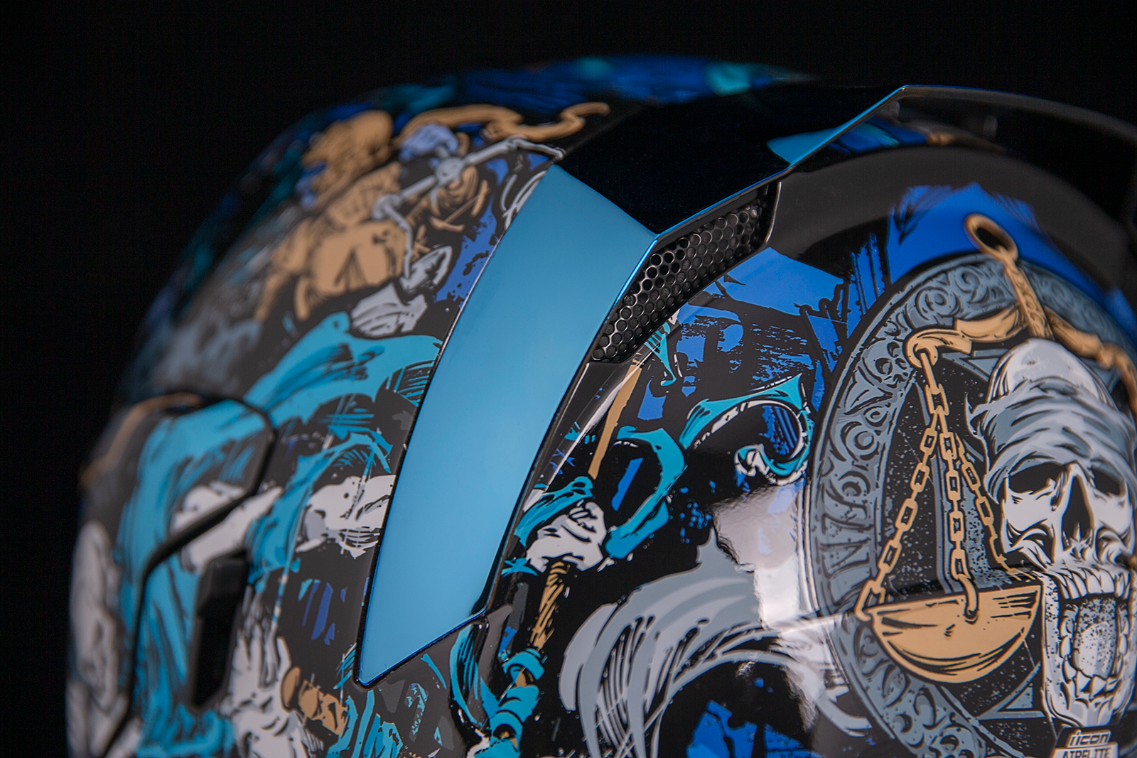 Blue ICON Airflite™ motorcycle helmet in large size with 4Horsemen graphic, featuring a sleek aerodynamic design and clear visor.