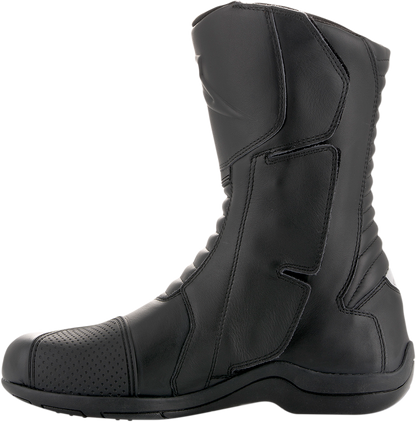 Black Alpinstars Andes v2 Drystar motorcycle boots with adjustable straps and reinforced soles, size US 8 / EU 42.