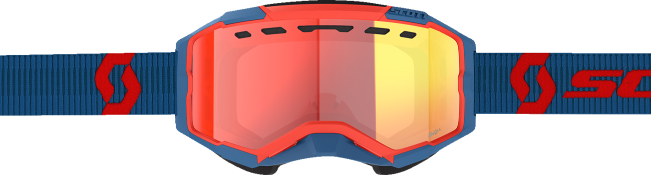Scott Fury Snow Cross Goggle in dark blue and neon red with light-sensitive red chrome lens, designed for winter sports.