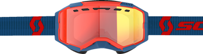 Scott Fury Snow Cross Goggle in dark blue and neon red with light-sensitive red chrome lens, designed for winter sports.