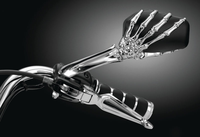 Kuryakyn Skeleton Hand mirrors in chrome and black with detailed skeleton hand design for motorcycle side mirrors.