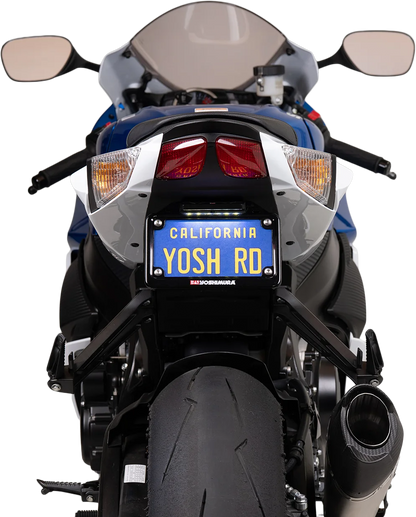 Yoshimura Fender Eliminator V2 Base for Suzuki GSX-R600/750 motorcycle, showcasing sleek black design and mounting hardware.