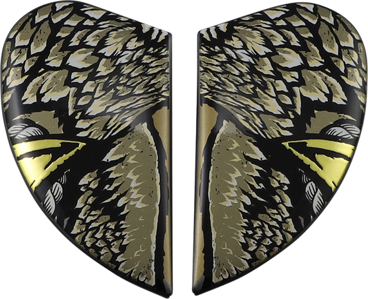Gold ICON Airform™ Side Plates for helmets, Semper Fi design, with detailed branding and helmet side view, by Bill's Exhausts.