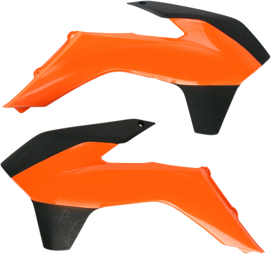 Acerbis radiator shrouds in orange and black for motorcycle body protection, featuring sleek design and branding details.