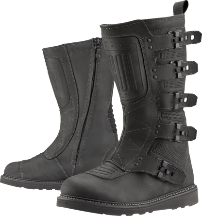 Black ICON Elsinore 2™ CE Boots by Bill's Exhausts, size 11, shown from a side view with rugged leather and sturdy sole.