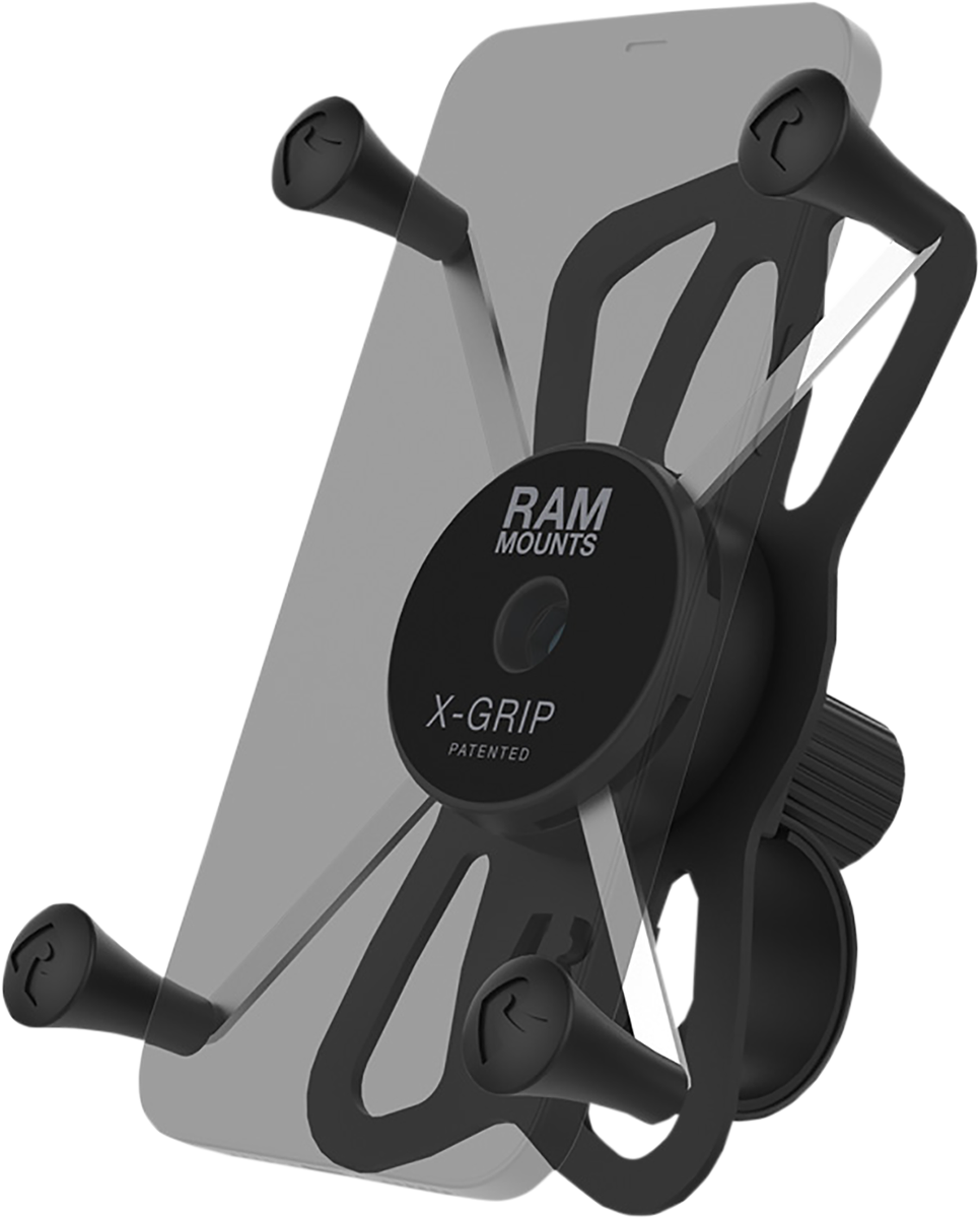 Bill's Exhausts RAM MOUNTS X-Grip Large Phone Mount with Tough-Strap handlebar base, designed for motorcycle engine protection.