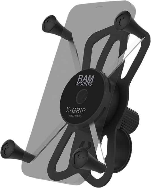 Bill's Exhausts RAM MOUNTS X-Grip Large Phone Mount with Tough-Strap handlebar base, designed for motorcycle engine protection.