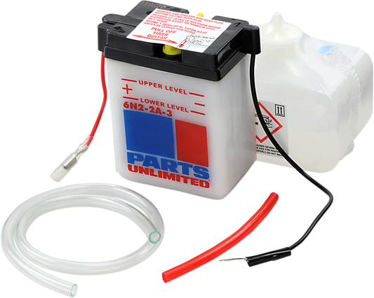 Parts Unlimited 6N2-2A-3 battery replacement kit with pre-measured acid pack and hardware, suitable for motorcycle batteries.