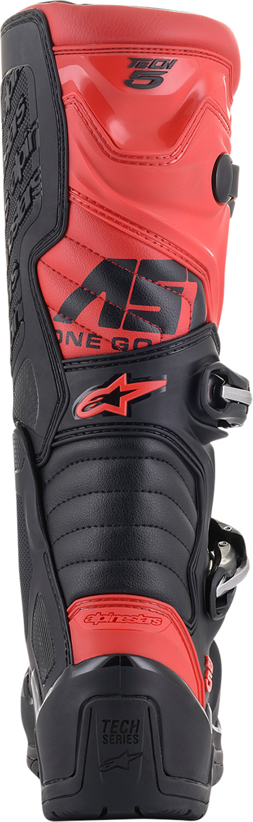 Alpinestars Tech 5 motorcycle boots in black and red with US size 11, featuring protective design and sturdy construction.