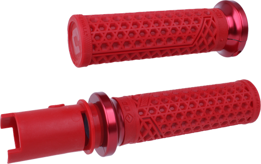 ODI Van's Lock-On motorcycle grips in dark red and red, designed for 2023-2024 models, with textured rubber surface for better grip.