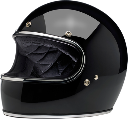 BILTWELL Gringo helmet in glossy black, medium size, featuring a sleek motorcycle helmet design with a secure strap and ventilation.