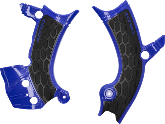 Acerbis X-Grip blue and black frame guards for Yamaha YZ 250F and 450F motocross bikes, mounted on motorcycle frame.