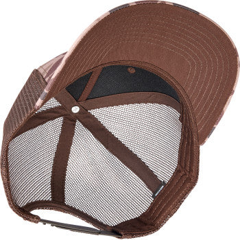 Bill's Exhausts Biltwell Bark Hat in camo brown, stylish hat with a wide brim and adjustable strap, outdoor-ready headwear.