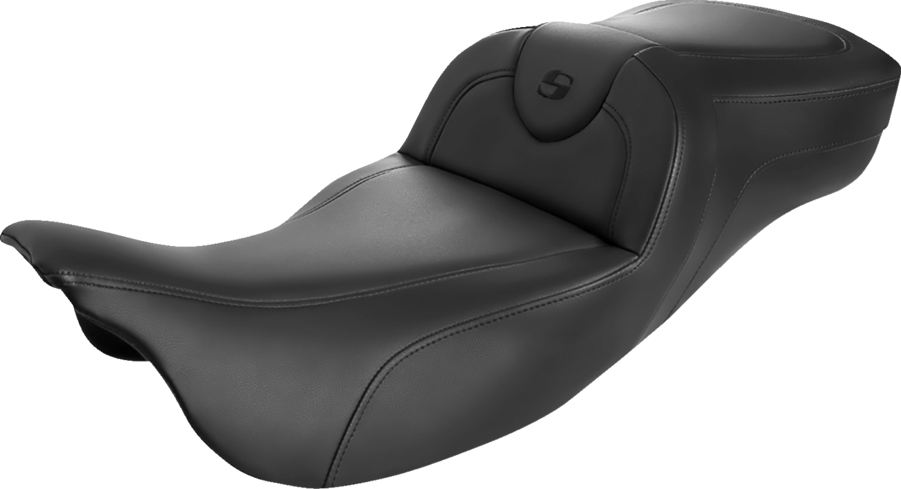 Bill's Exhausts Saddlemens Roadsofa Extended Reach Seat in black with black stitching, shown without backrest, designed for motorcycle seats