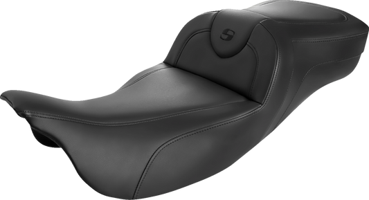 Bill's Exhausts Saddlemens Roadsofa Extended Reach Seat in black with black stitching, shown without backrest, designed for motorcycle seats