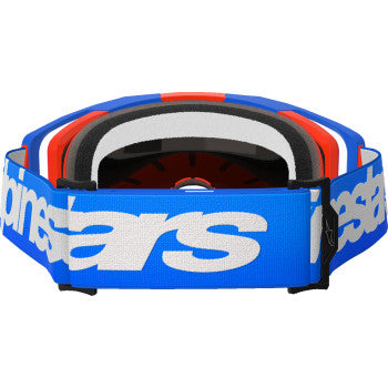 Alpinestars Vision 8 goggles with blue and orange frame, red mirror lenses, designed for motocross or racing.