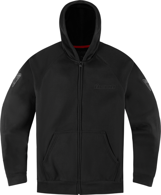 Black ICON Uparmor™ hoodie in 2XL from Bill's Exhausts, featuring a front pocket and hood with logo details.
