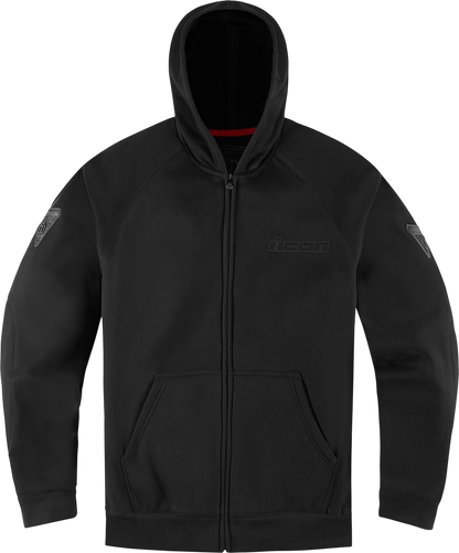 Black ICON Uparmor™ hoodie in XL with front pocket and logo, made by Bill's Exhausts, displayed on a plain background.