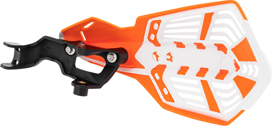 A pair of Acerbis K-Future orange and white motorcycle handguards mounted on handlebars, designed for rider protection.