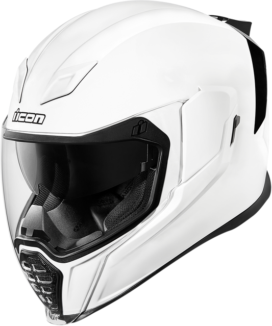 White ICON Airflite™ helmet in gloss finish, medium size, featuring aerodynamic design and ventilation for motorcycle riding.