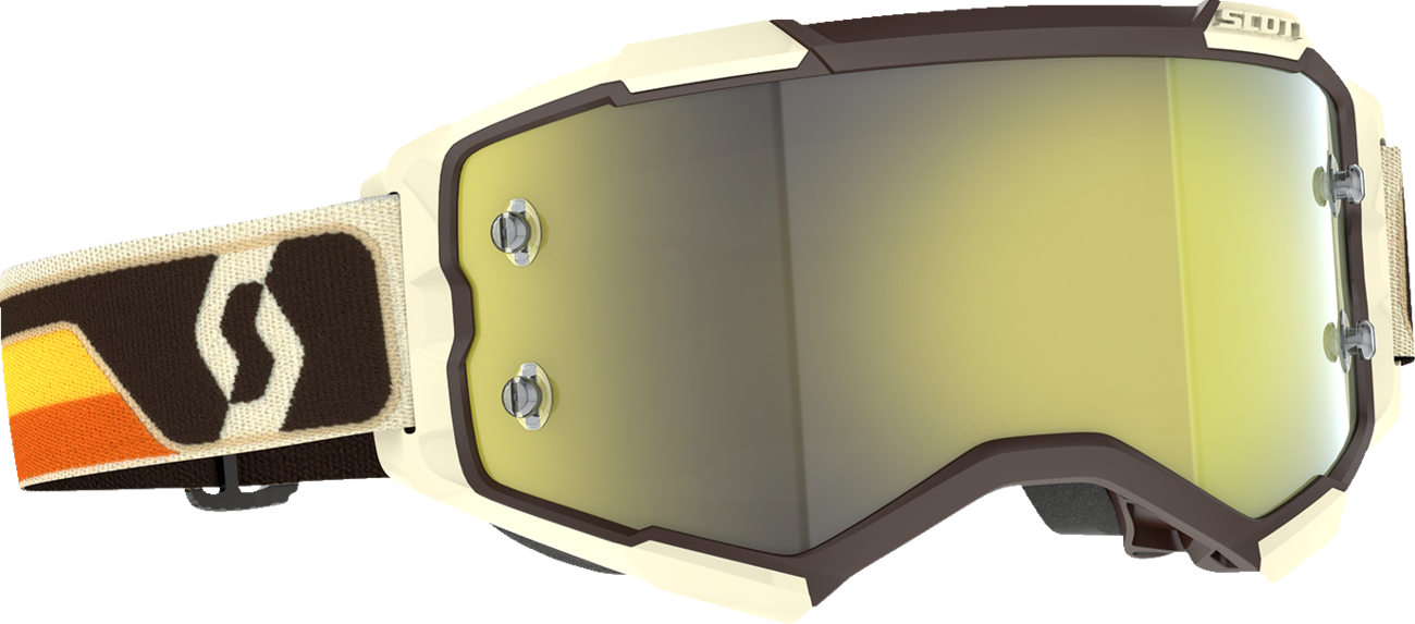 Scott Fury Goggle in brown and beige with yellow chrome lens, featuring a sleek sports design and adjustable strap.