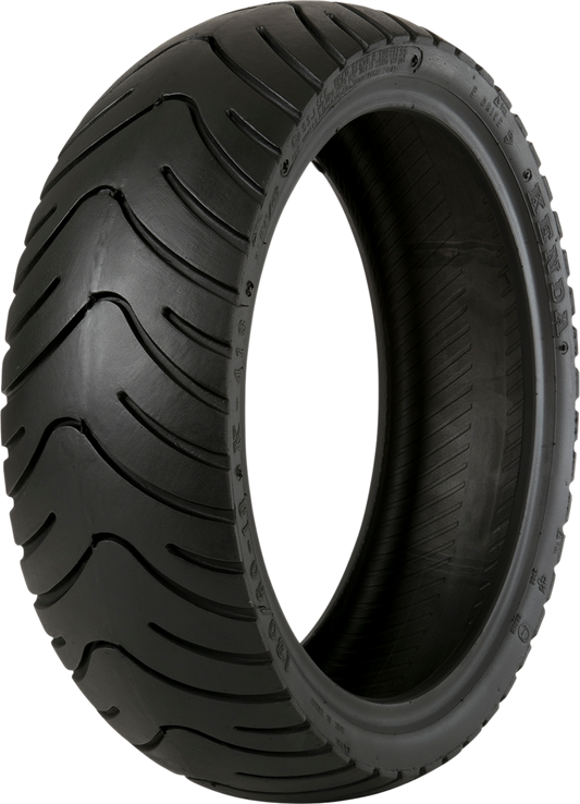Kenda K413 100/90-10 56J motorcycle tire mounted on a wheel, suitable for front or rear use on motorcycles.